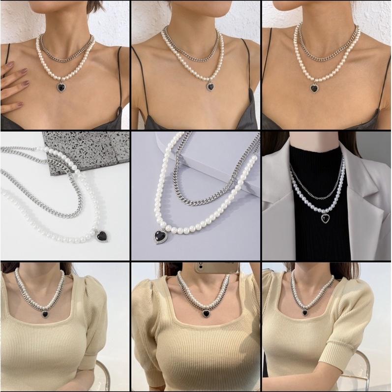 N191 Vòng cổ Bạc Nhiều Lớp Mặt Hình Trái Tim Đính Ngọc Thời Trang Cho