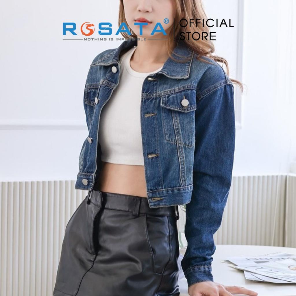 Áo khoác nữ ROSATA K32 croptop jeans túi hộp cài cúc cao cấp in chữ mặt sau tay dài thoáng khí