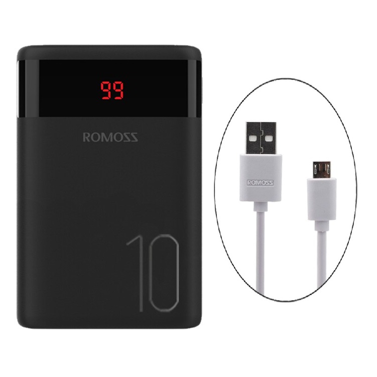 Pin sạc dự phòng 10.000mAh Romoss Ares 10  LED 3 cổng input Micro - Lightning - Type C - Hàng chính hãng + Tặng cáp micro USB tròn CB05 Romoss