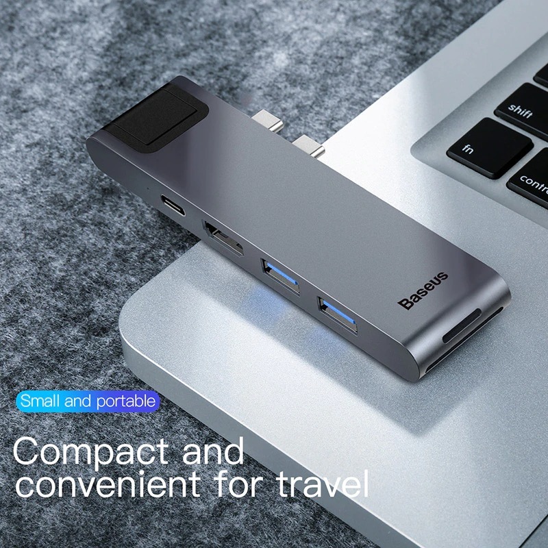 Bộ HUB chia cổng sạc 7 in 1 hiệu Baseus Thunderbolt Dual Type-C cho Macbook Pro mở rộng cổng sạc nhanh, 2 cổng USB 3.0, PD, SD, Micro SD, HDMI, Cổng mạng LAN - Hàng chính hãng