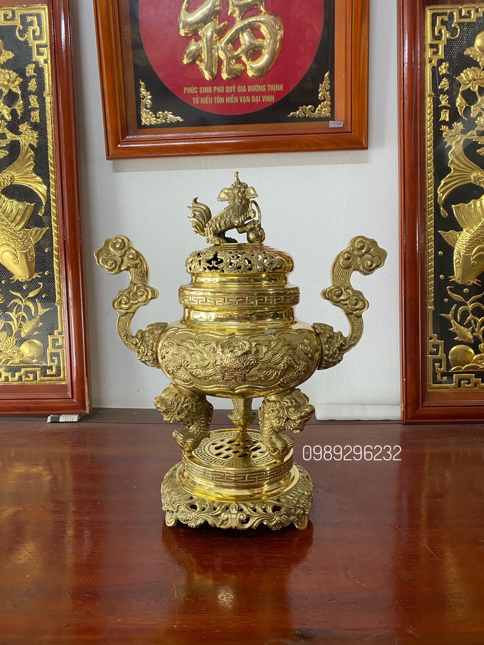 Quả đỉnh thờ lư thờ lư hương bằng đồng nguyên chất cao 34cm