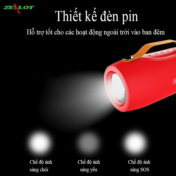 Loa bluetooth Zealot không dây di dộng ngoài trời hàng chính hãng âm siêu trầm nghe nhạc cực hay, tích hợp đèn pin siêu sáng