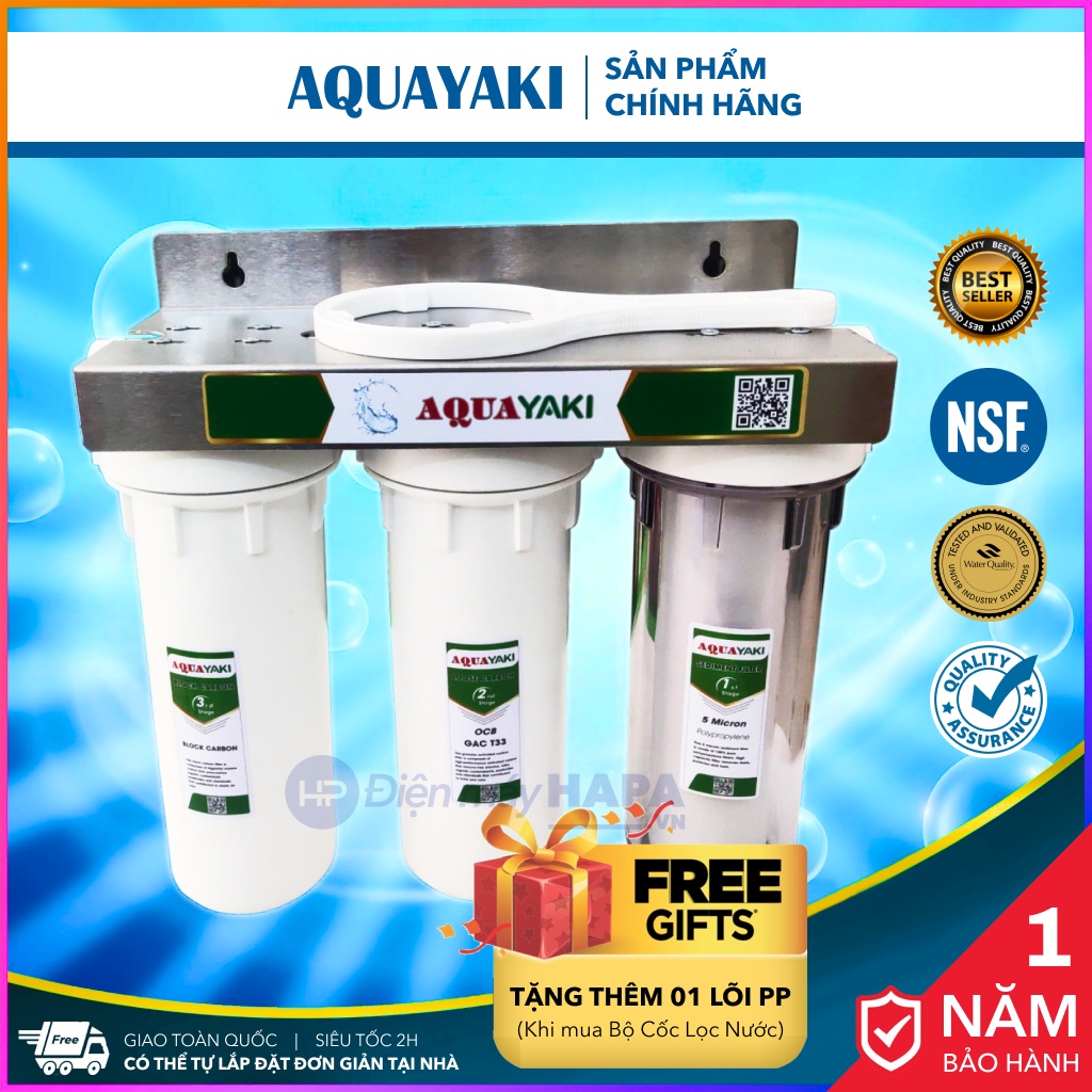 Bộ 3 Cốc Lọc Nước Cao Cấp AQUAYAKI Kèm Lõi 10 inch Cốc Tiền Lọc, Tiền Xử Lý Nước Sạch Tiêu Chuẩn - Hàng Chính Hãng
