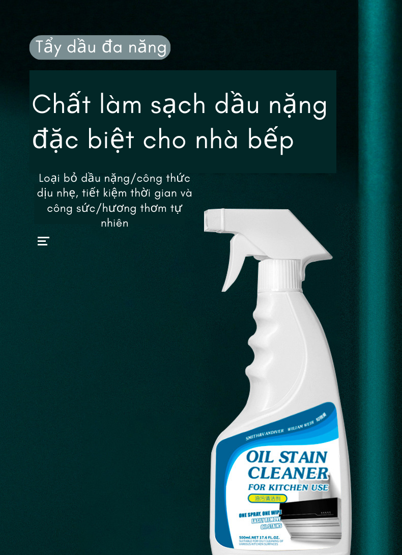 Chai xịt tẩy dầu mỡ bám bẩn nặng William Weir cao cấp, làm sạch bếp gas, máy hút mùi, tường bếp, mui xe, tường gạch