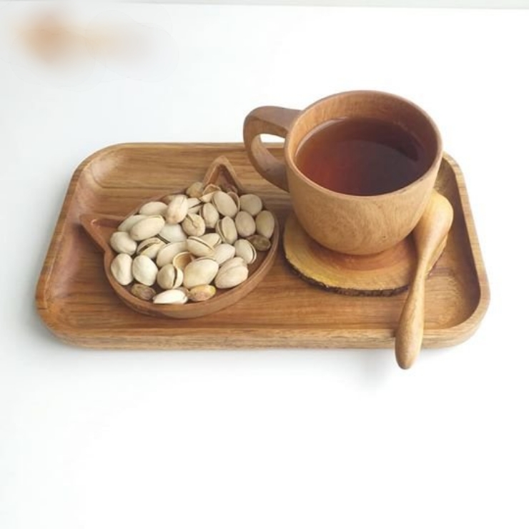 Khay gỗ đựng trà, bánh, khay phục vụ gỗ keo màu nâu xám bóng đẹp.