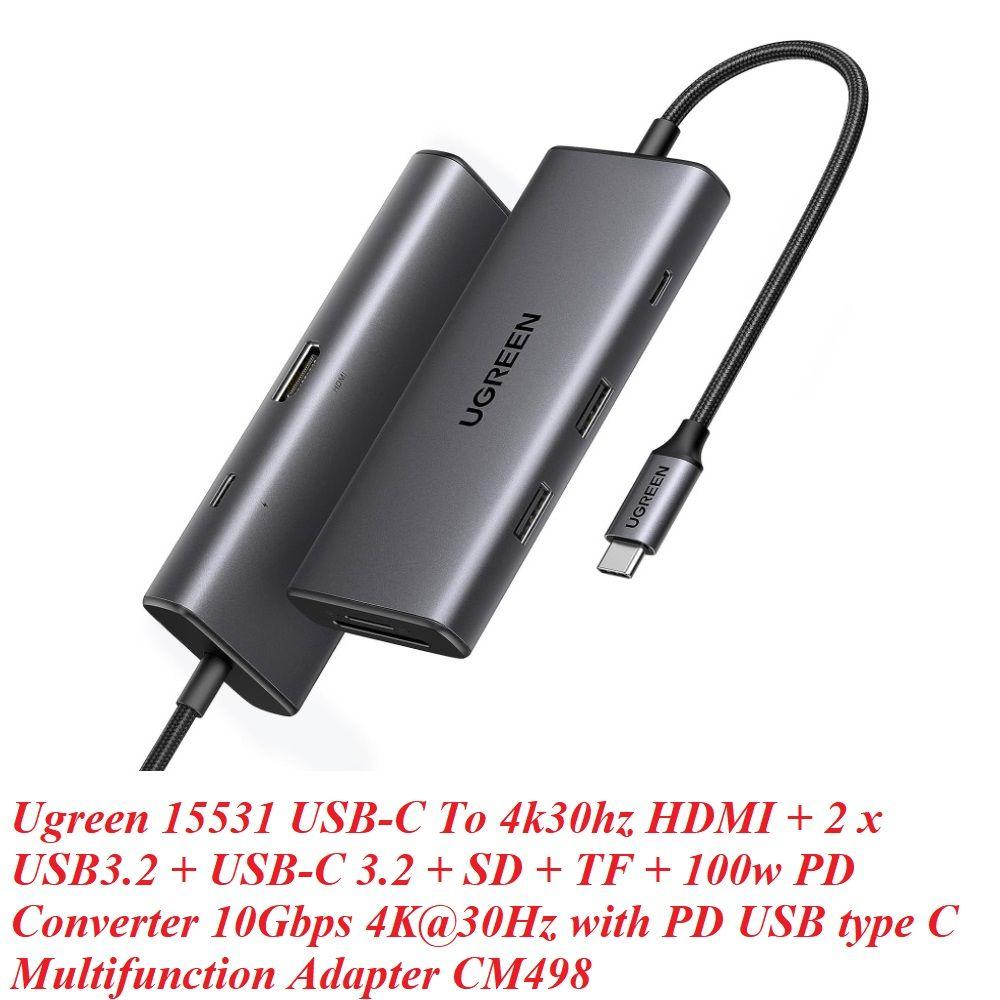 Ugreen UG15531CM498TK USB type C sang 1 x HDMI 4K30Hz + 1 x USB-C 3.2 + 1 x USB-A 3.2 10Gbps + SD + TF + USB-C PD 100W Bộ chuyển 7in1 - HÀNG CHÍNH HÃNG