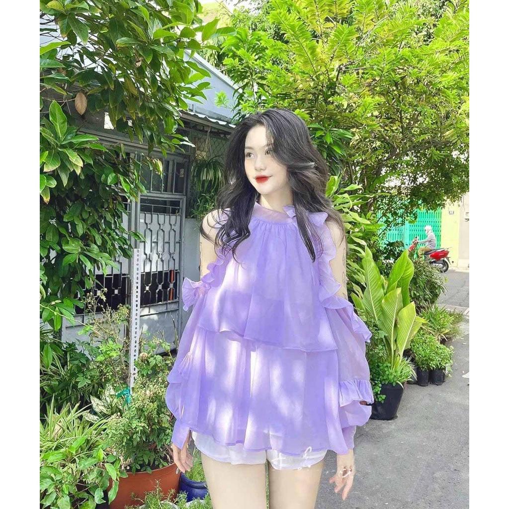 Áo Polo Sơ Mi Cách Điệu Xẻ Dưới Hai Màu Siêu Cá Tính Vải Tơ Ánh Cổ Nơ Baby Doll 2 Tần Bèo