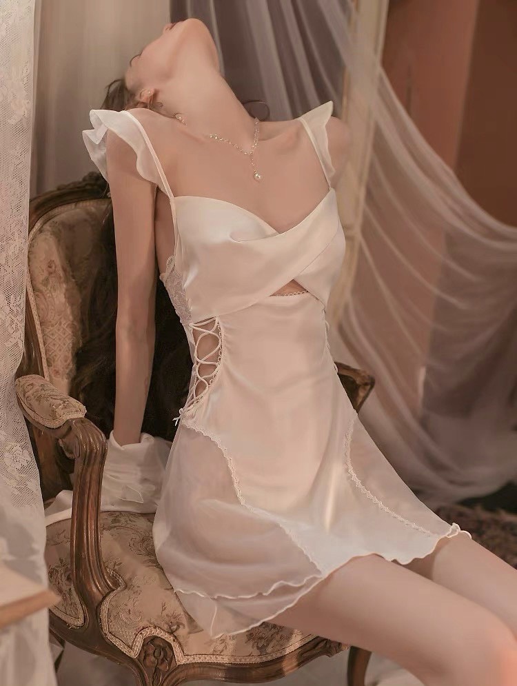 Váy Ngủ Nữ Lụa Hai Dây Phối Ren (Không kèm áo choàng) - B.Lingerie