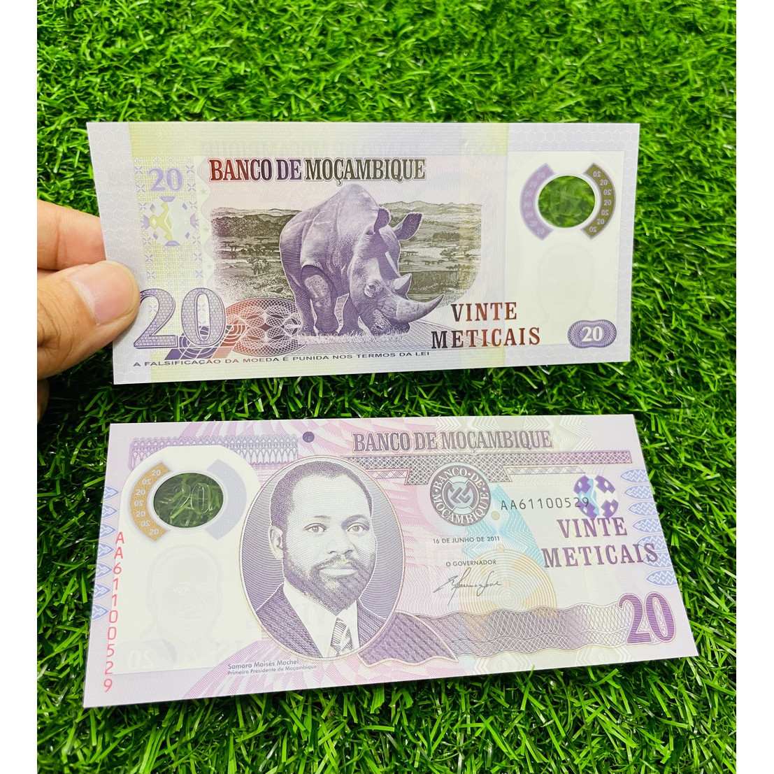 Tiền Mozambique 20 Meticais, bằng polyme, hình con tê giác, mới 100% UNC, tặng túi nilon bảo quản The Merrick Mint