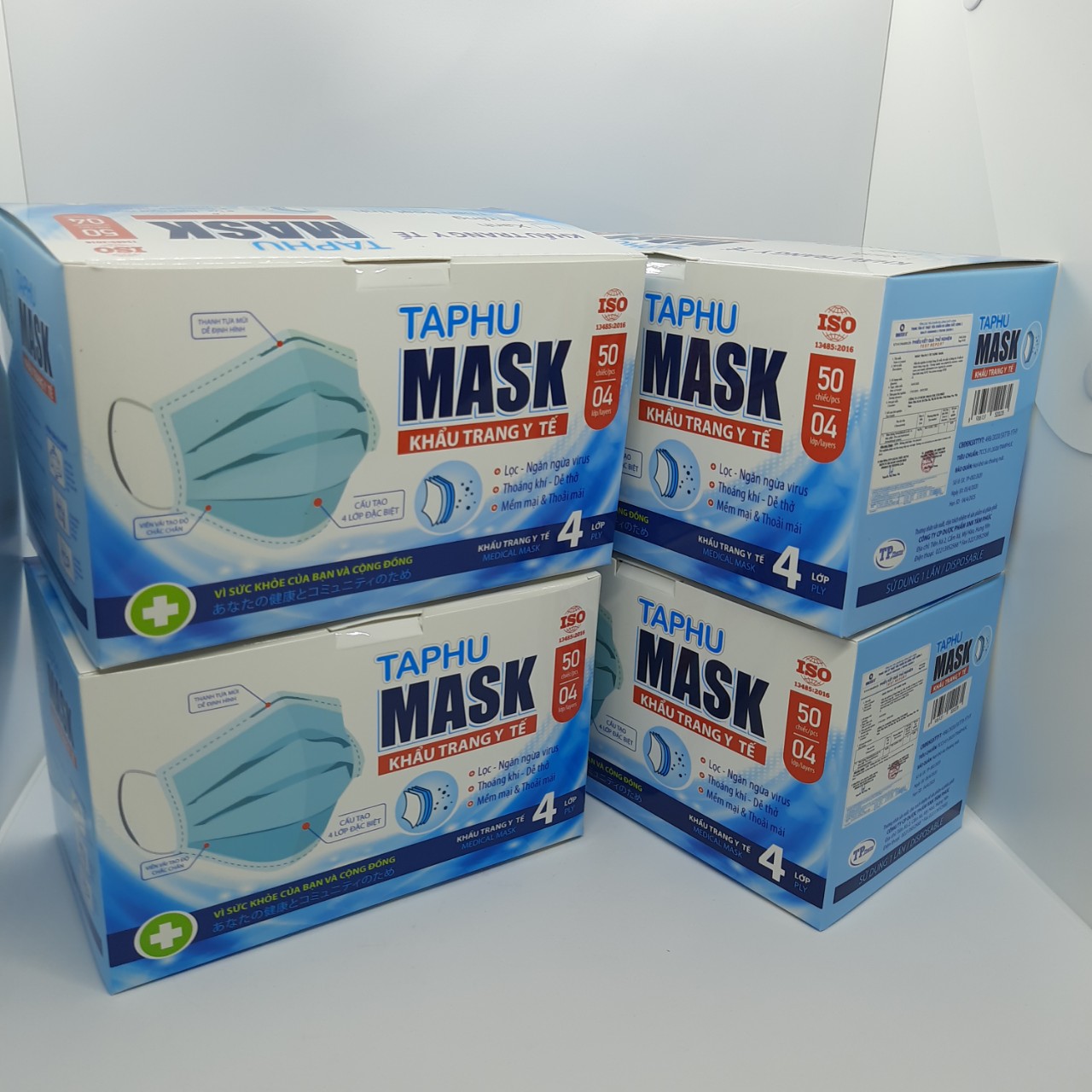 [COMBO 4 HỘP] Khẩu trang y tế 4 lớp hộp 50 cái màu xanh vải kháng khuẩn, có gọng mũi TAPHU MASK đạt tiêu chuẩn chất lượng của Bộ Y Tế