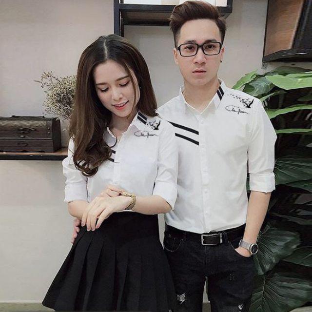 Áo sơ mi cặp trắng sọc chéo đen chữ ký TN