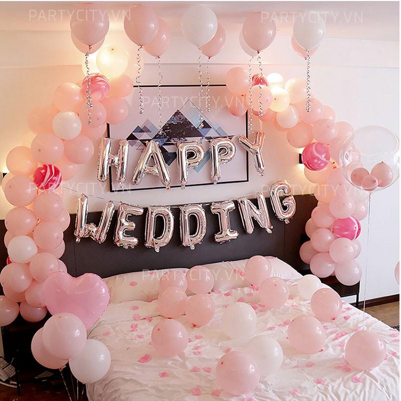 Set bóng trang trí phòng cưới FREESHIP Happy Wedding PW016 tone trắng hồng pastel