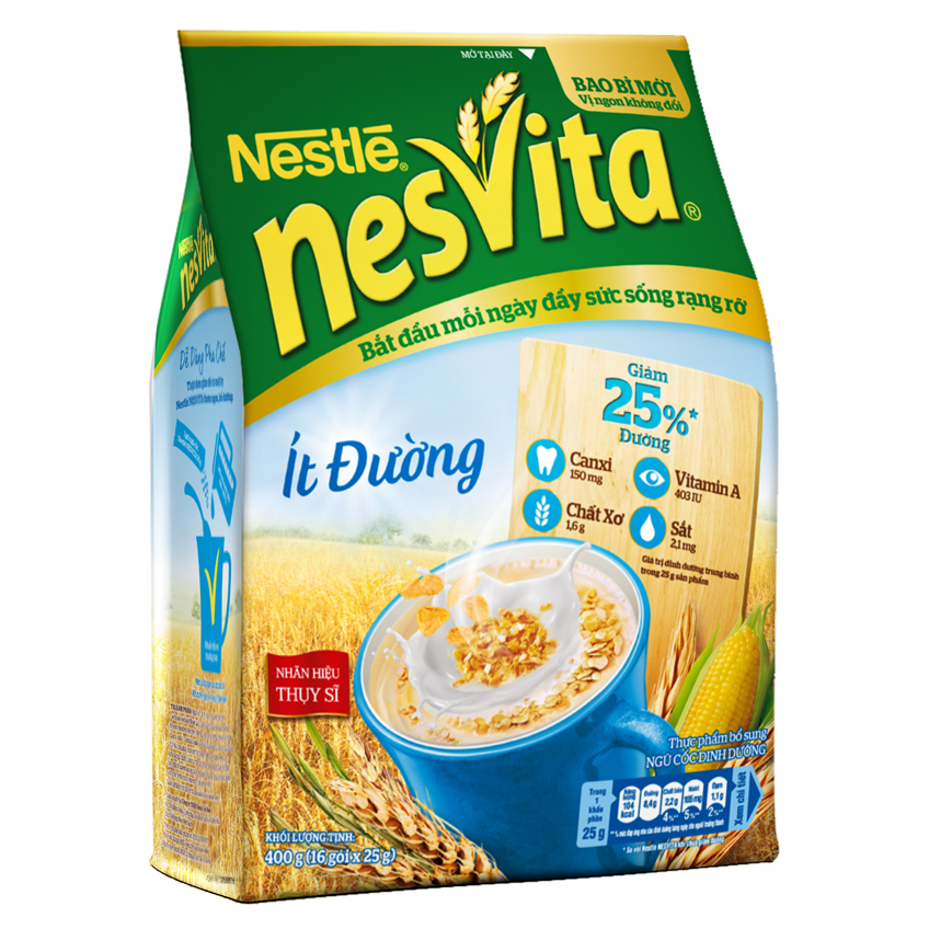 Túi 16 Gói Bột Ngũ Cốc Nestle Nesvita Ít Đường (25g)