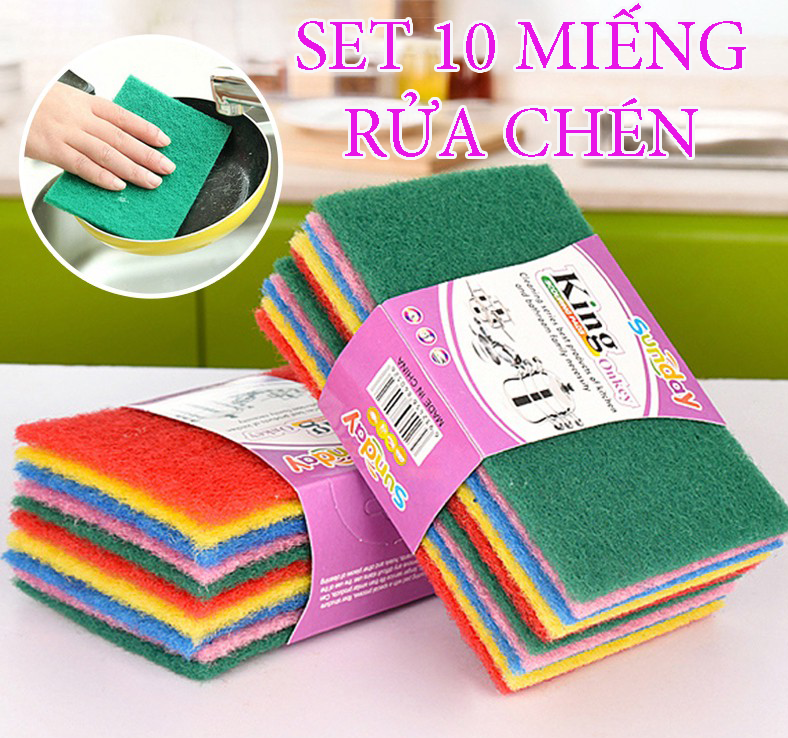 Miếng rửa chén chống xước , gói 10 miếng, Giẻ rửa bát nhiều màu 15x10cm, Mút Lưới Xốp Rửa Chén Tạo Bọt, miếng bọt biển rửa chén