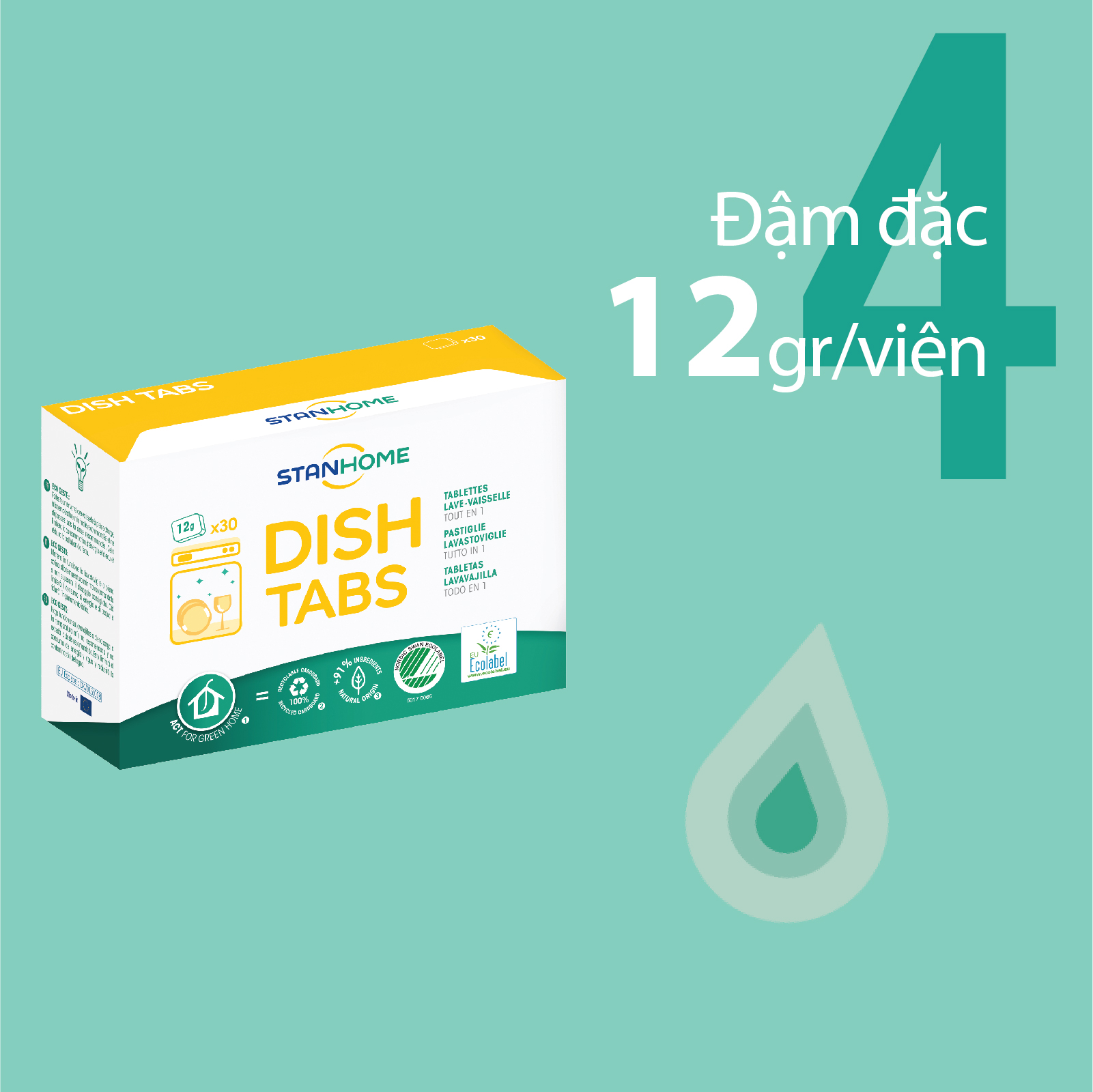 Viên rửa bát cho máy Stanhome Dish Tabs All in one tiêu chuẩn Ecolabel Châu Âu và Ecolabel Bắc Âu - Hộp 30 viên – 12g/viên