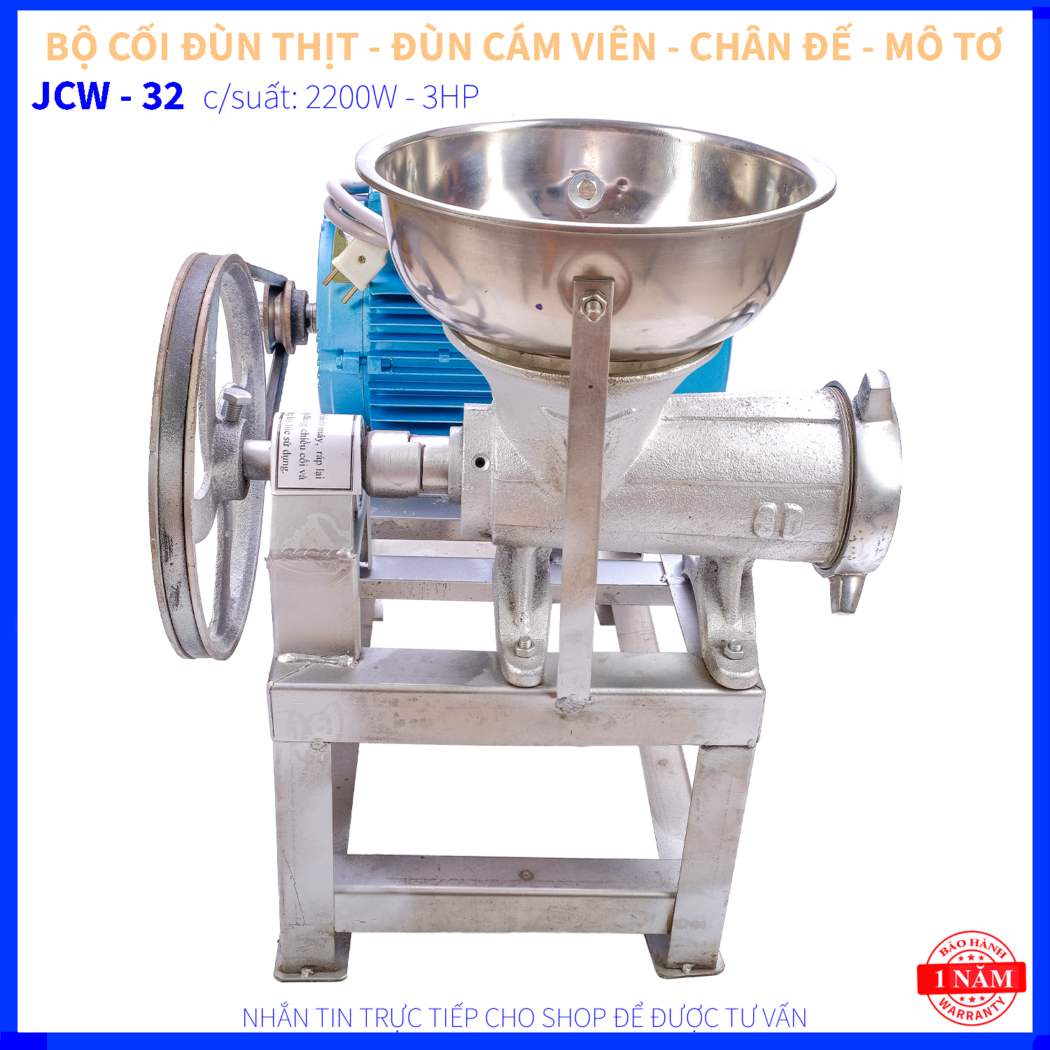 CỐI ĐÙN THỊT JCW 32 GANG 100% - CHÂN ĐẾ SẮT - 2 DÂY CURO - MÔ TƠ 2.2KW - 3HP