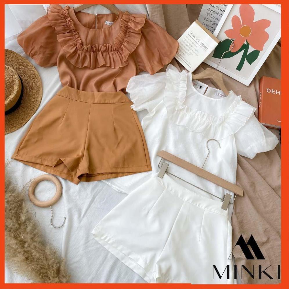 SET ÁO BÈO VÀ QUẦN ĐÙI- CHẤT LIỆU VOAN TƠ VÀ KAKI NHẬP KHẨU - MÀU NÂU/TRẮNG _HOT