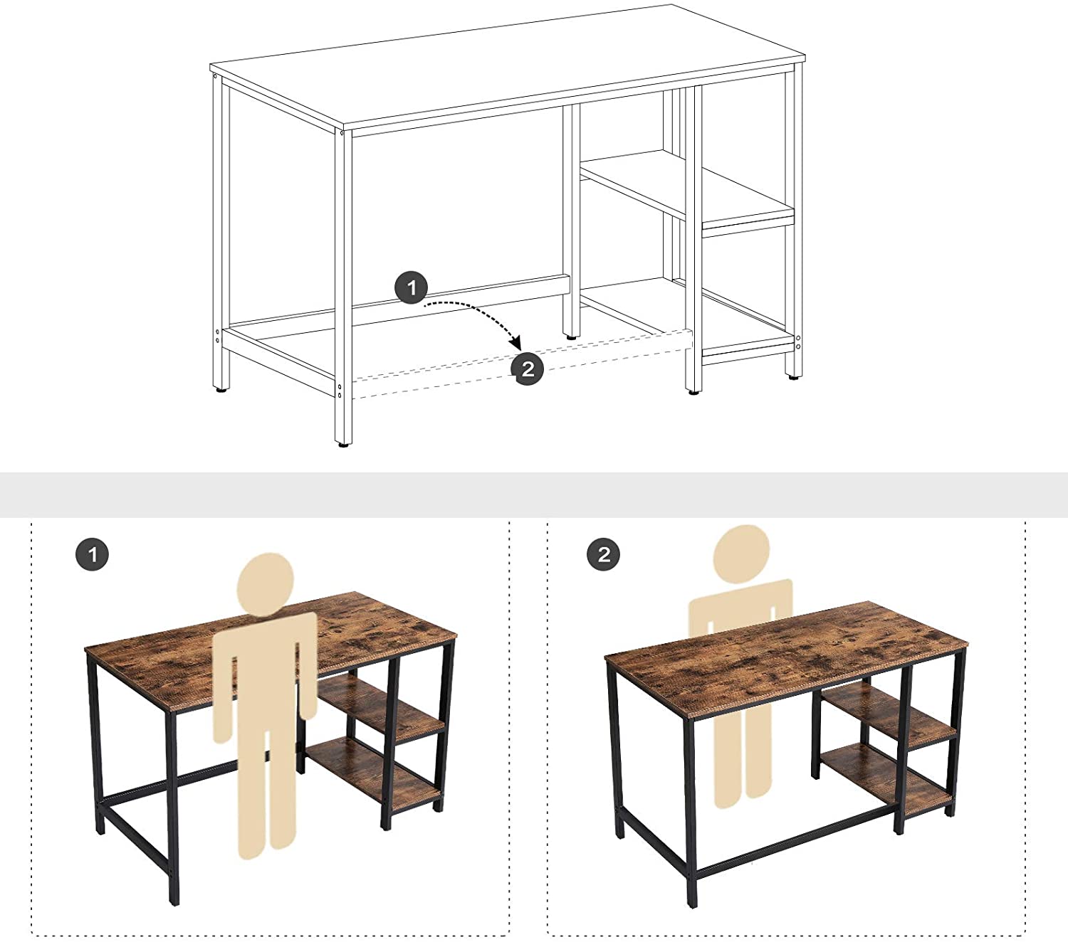 Bàn máy tính Bàn làm việc văn phòng tại nhà dài 47.2  inch để học tập, bàn viết với 2 kệ bên trái hoặc bên phải  Khung thép  Công nghiệp  Nâu mộc mạc và Đen ULWD55X