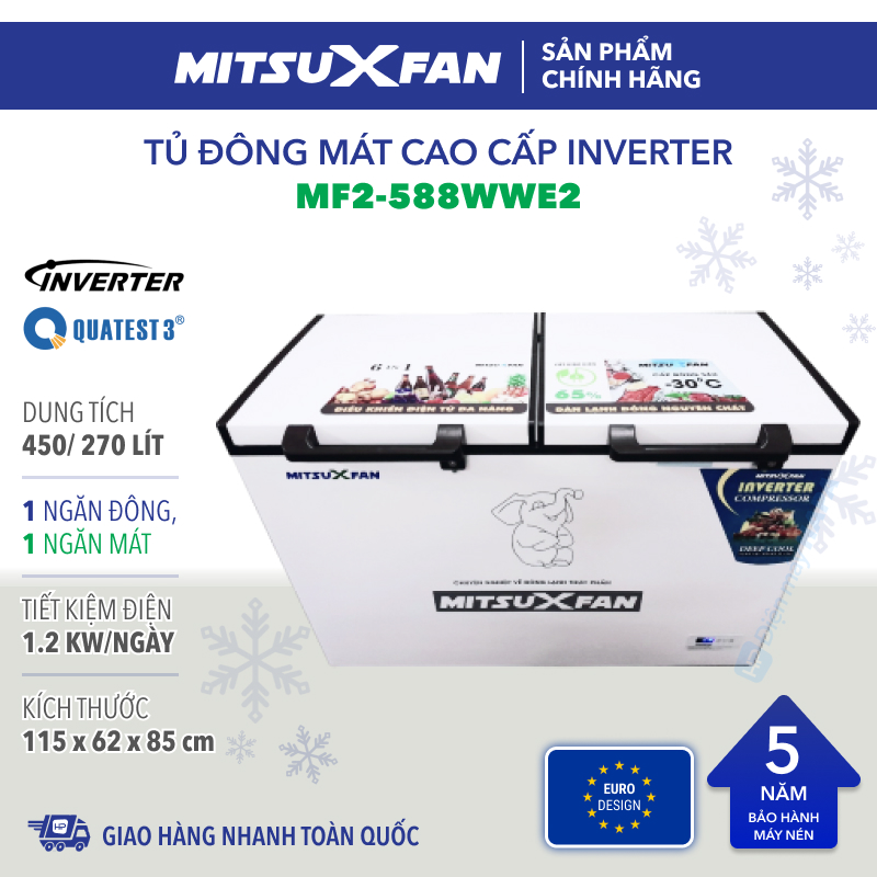 Tủ Đông+Mát MITSUXFAN MITSUXFAN MF2-588WWE2 Inverter 450 Lít, 02 Ngăn Cao Cấp, Tiêu Chuẩn Châu Âu - Hàng Chính Hãng