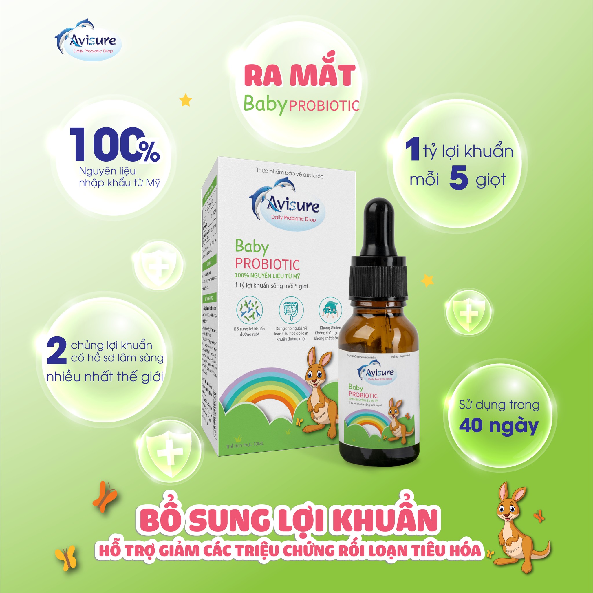 Avisure Baby Probiotic bổ sung 1 tỷ lợi khuẩn mỗi 5 giọt từ Mỹ cho bé ăn ngon, tiêu hoá tốt, đề kháng khoẻ