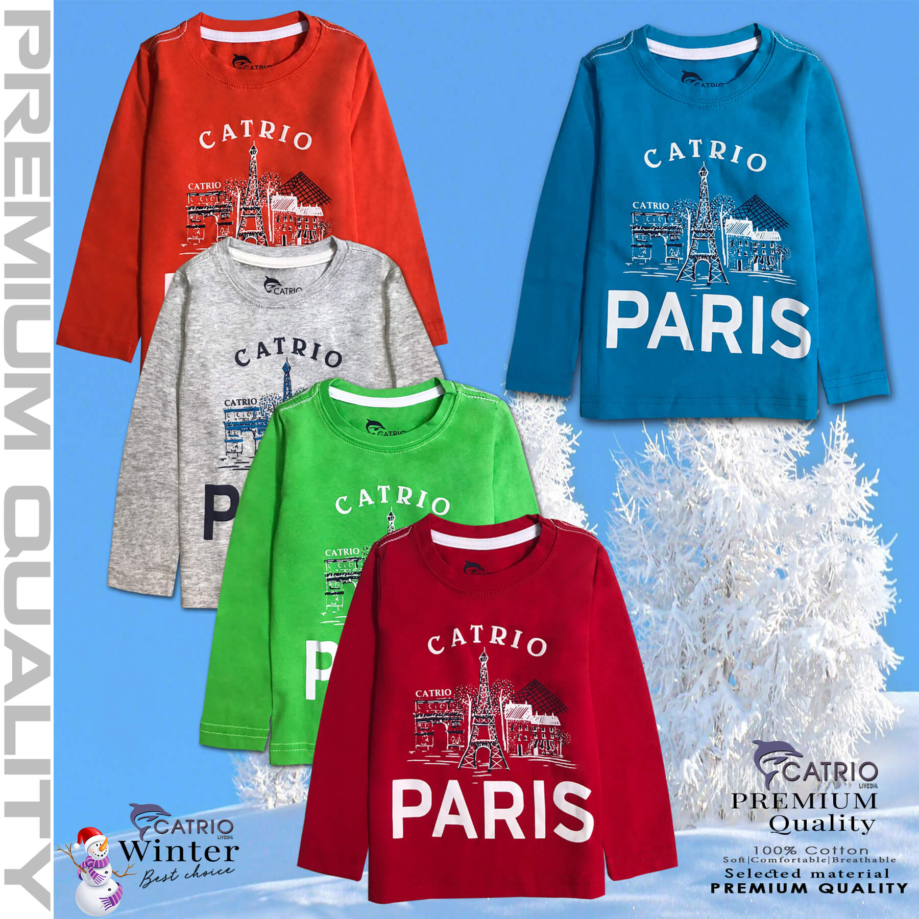 ÁO THUN DÀI TAY BÉ TRAI CATRIO in PARIS màu XANH BIỂN là áo phông tay dài trẻ em từ 8kg 10kg 12 kg .. 23kg cổ tròn vải dệt kim co giãn 4 chiều + quần dài cotton thành bộ đồ thu đông cho bé rất đẹp