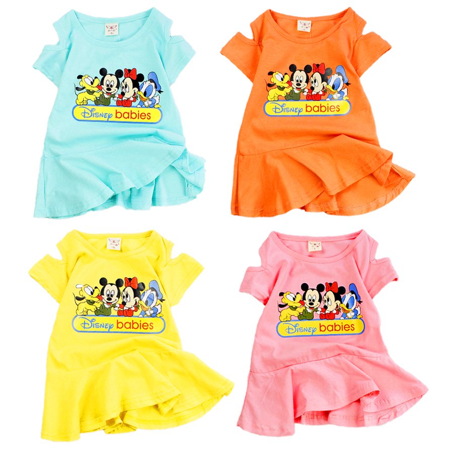 Đầm rớt vai Quảng Châu in gia đình Mickey cho bé gái siêu cưng từ 8 đến 16 kg 02148-02145