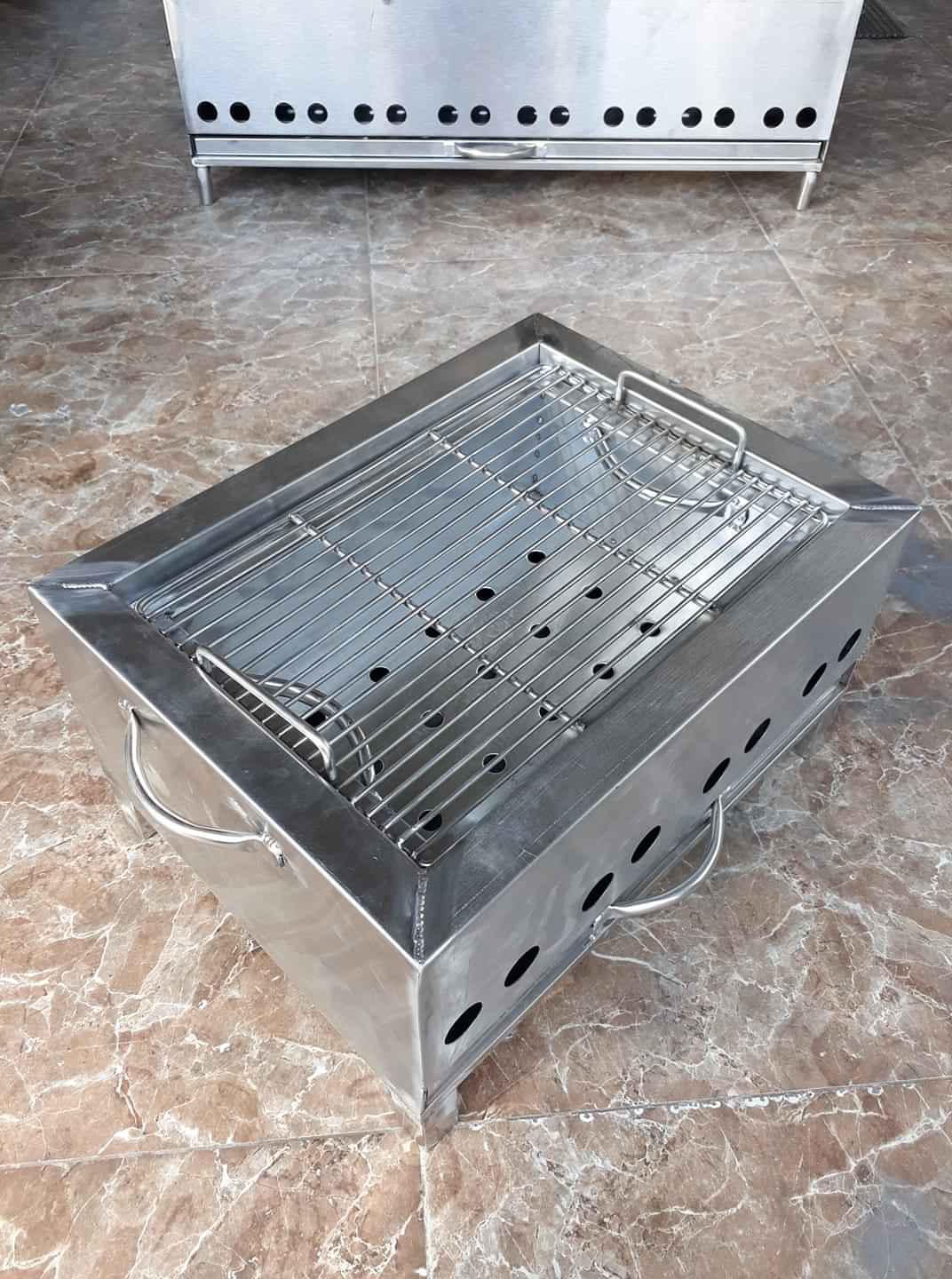 Lò nướng than hoa inox vuông 30 x40cm loại dầy có vĩ nướng bán bún thịt nướng, bánh mì, nem nướng