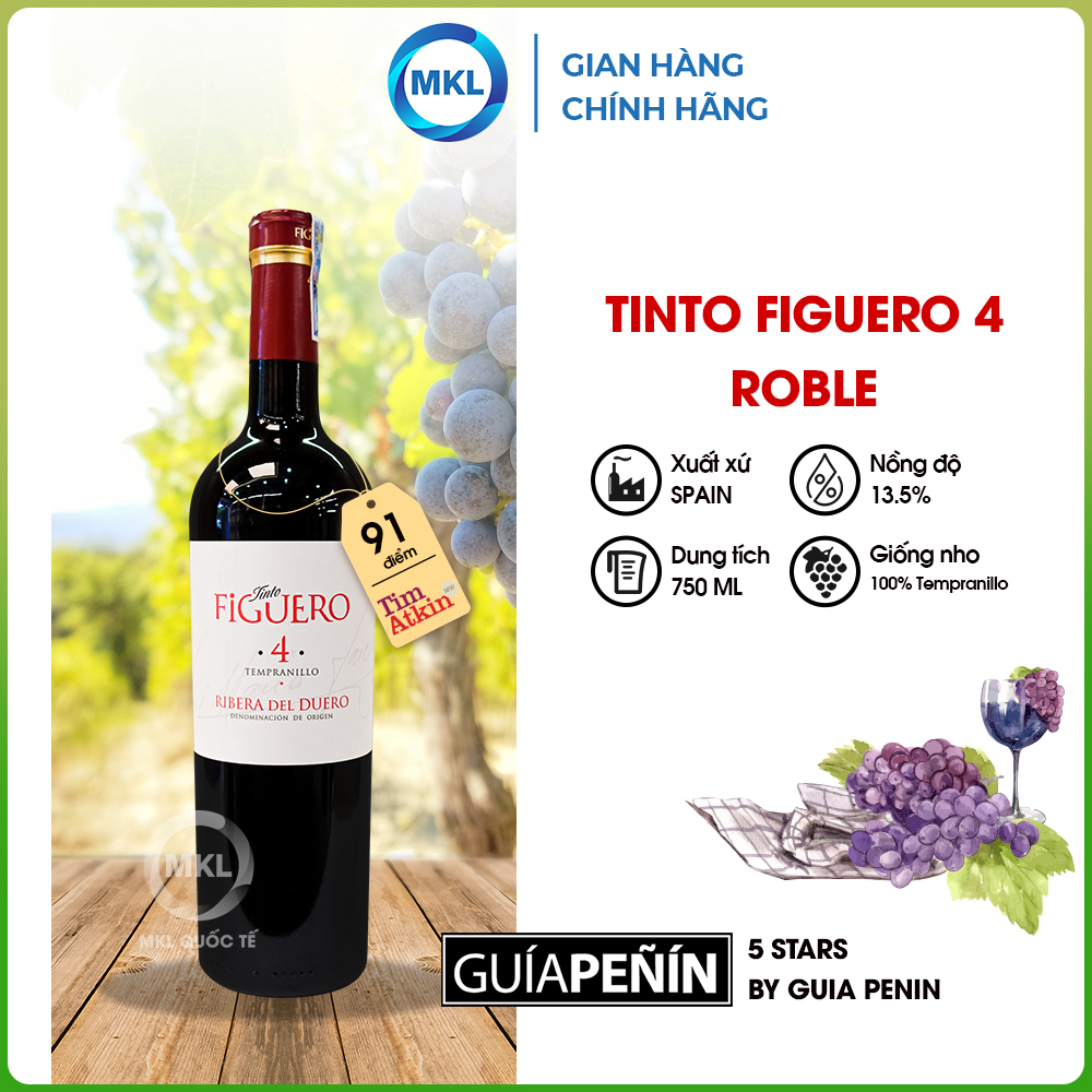 Rượu Vang Đỏ Tinto Figuero 4 Roble 750ml 13.5% - Tây Ban Nha - Hàng Chính Hãng