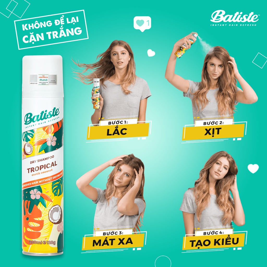 Dầu gội khô Batiste Dry Shampoo 200ml Hết Ngứa, Hết Bết Dính Tóc Bồng Bềnh Tức Thì