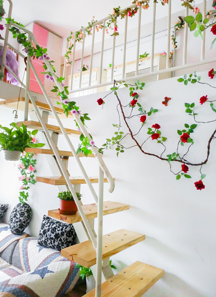 Hoa lụa cao cấp, dây hoa hồng leo loại 2m gốc cây cổ trang trí nhà cửa, decor nhà hàng, quán cà phê sang trọng HL-03