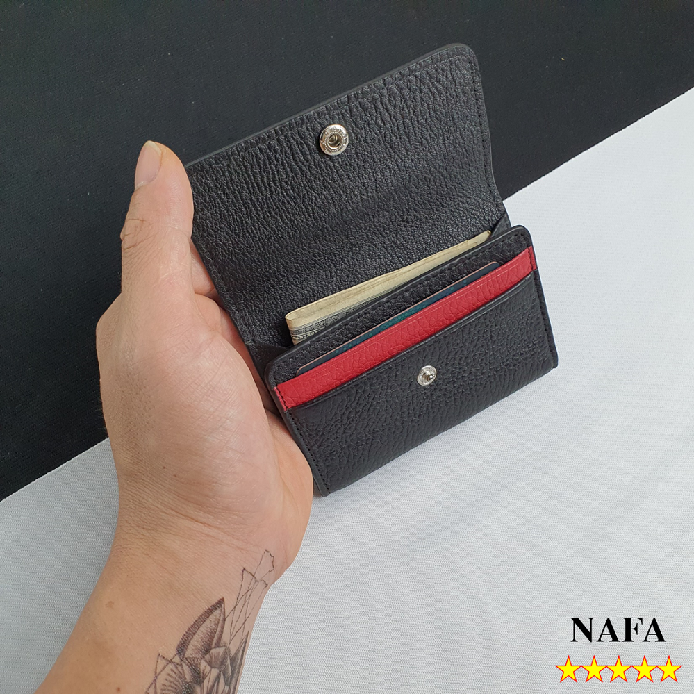 Ví mini đựng thẻ, ví đựng card da bò thật MN115 cao cấp màu đen phối đỏ tinh tế
