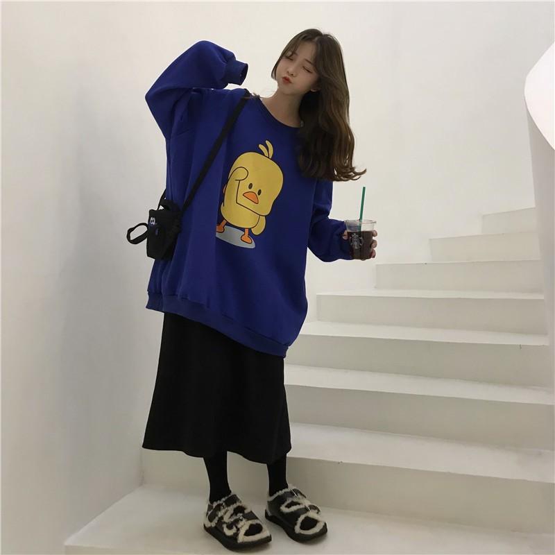 Women Long Sleeve Cartoon Print Loose Round Collar Sweater