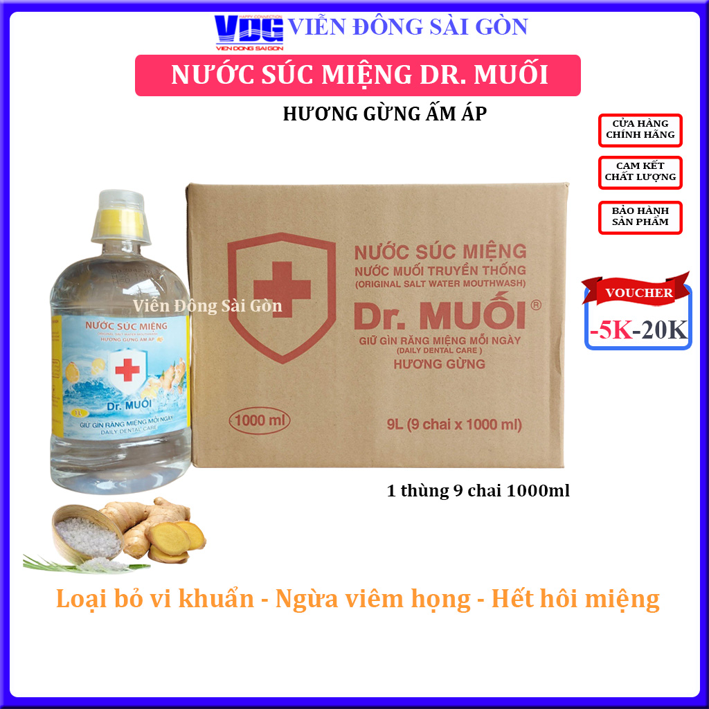 1 Thùng 9 chai Nước súc miệng Dr. Muối hương Gừng ấm áp (1000ml)