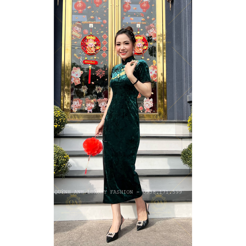 Đầm Sườn Xám Lụa Nhung Tuyết Xanh Rêu Trung Hoa Sang Trọng Nenito Dress