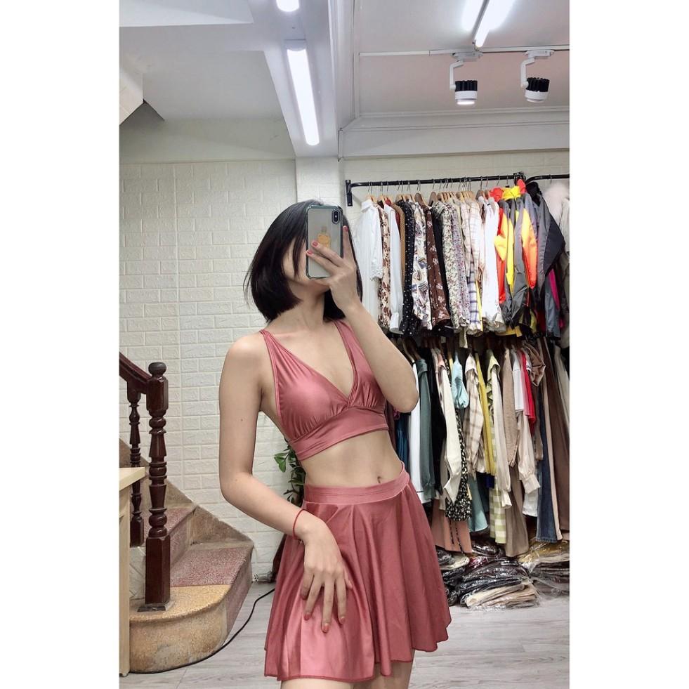 freeship Bikini hai mảnh hồng ruốt dáng váy nữ tính mặc đi biển đi bơi đẹp ( Hàng loại 1)
