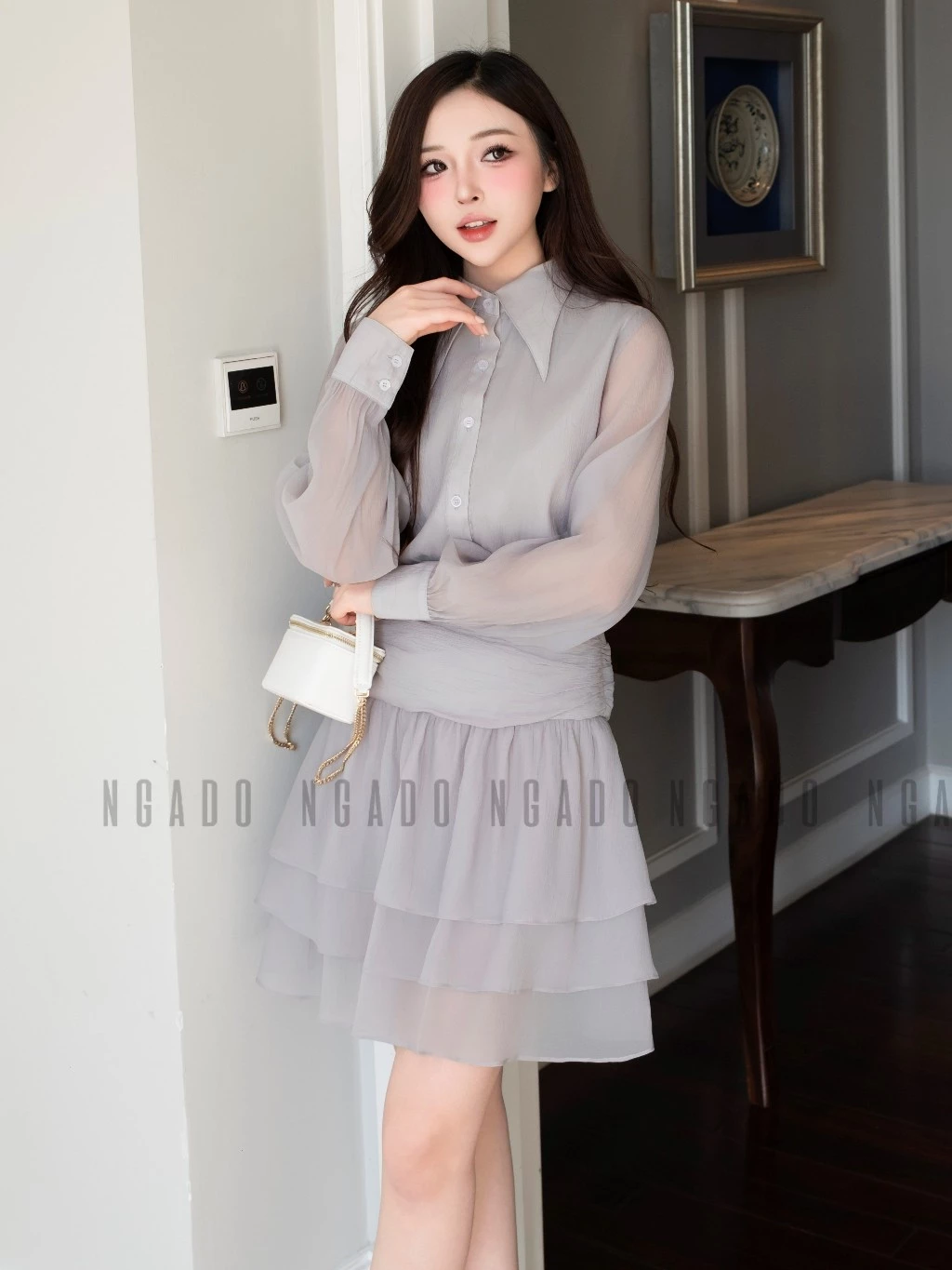 Đầm xám phối voan NGADO , đầm sơ mi , đầm dài tay