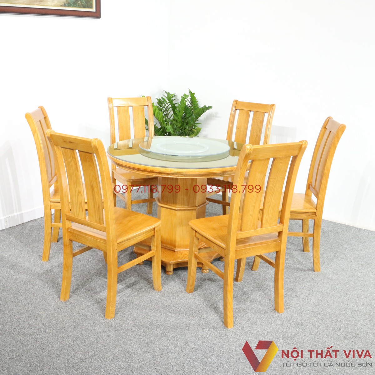 Bàn Ăn Tròn Gỗ Sồi 6 Ghế Màu Tự Nhiên Đẹp