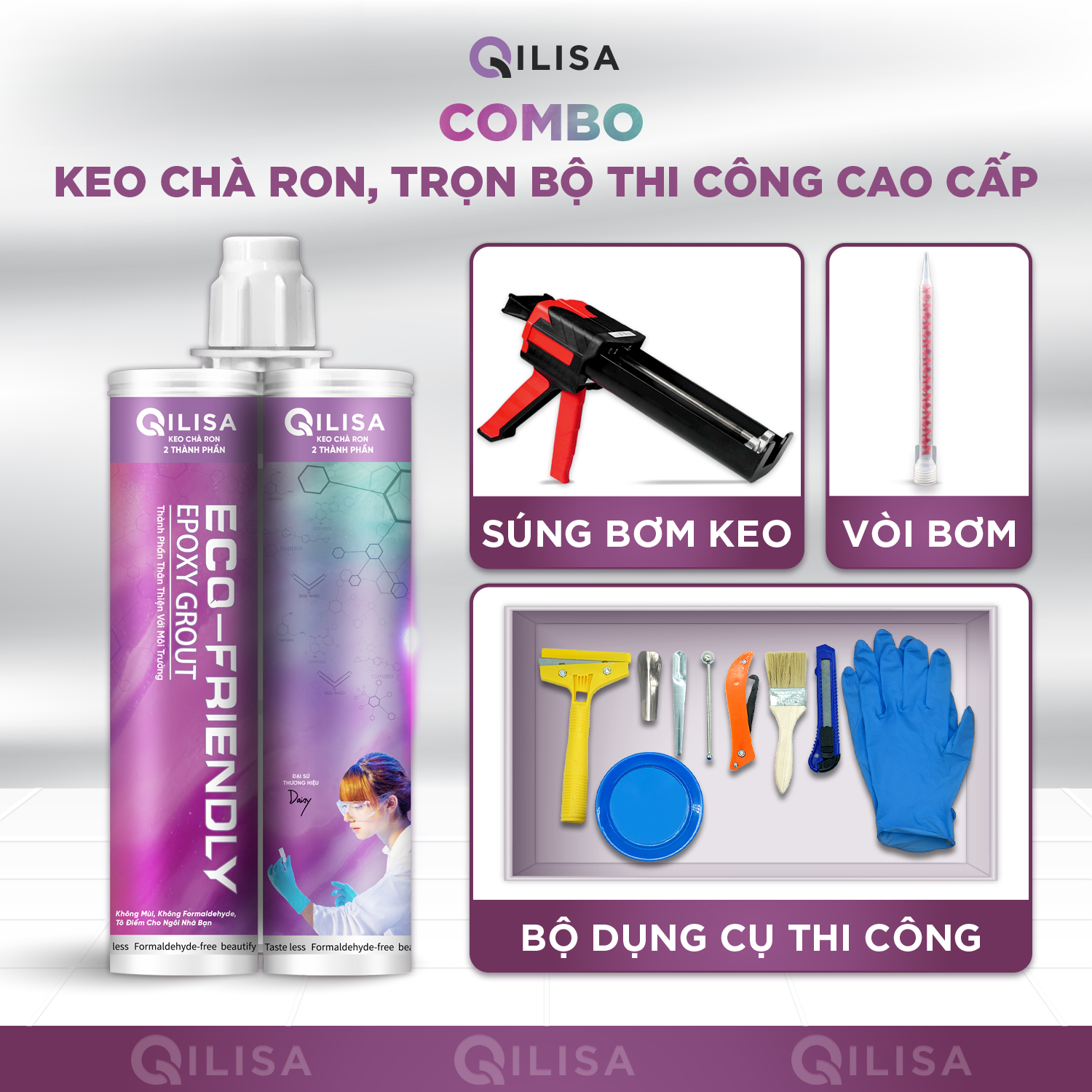 Hình ảnh Combo Keo Chà Ron Qilisa và Dụng Cụ Thi Công Keo Chà Ron ( Gồm Súng Bơm Keo Thủy Lực )