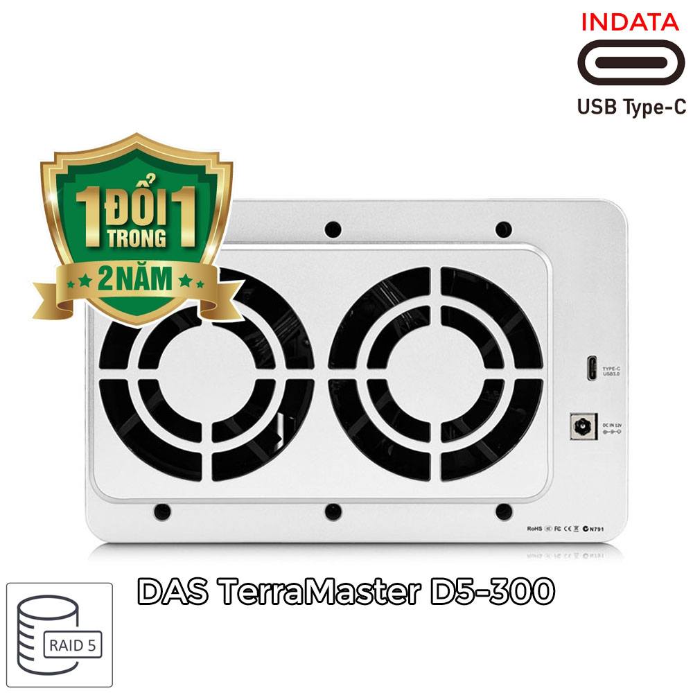 Bộ lưu trữ dữ liệu DAS TerraMaster D5-300, USB-C 3.0 SuperSpeed, 210MB/s, 5 khay ổ cứng RAID 0,1,5,10,CLONE,JBOD,Single - Hàng chính hãng