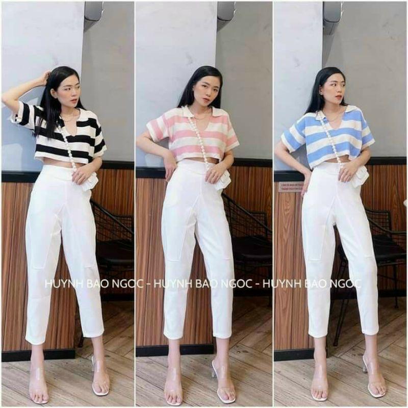 Áo croptop cổ bẻ khoét Quảng Châu kẻ sọc