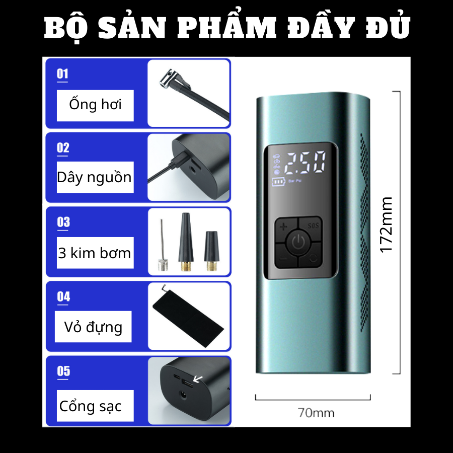 Bơm ô tô 12V đa năng, bơm xe hơi, bơm xe máy, bơm xe đạp kiêm xạc điện thoại, đèn pin, đèn cảnh báo nguy hiểm