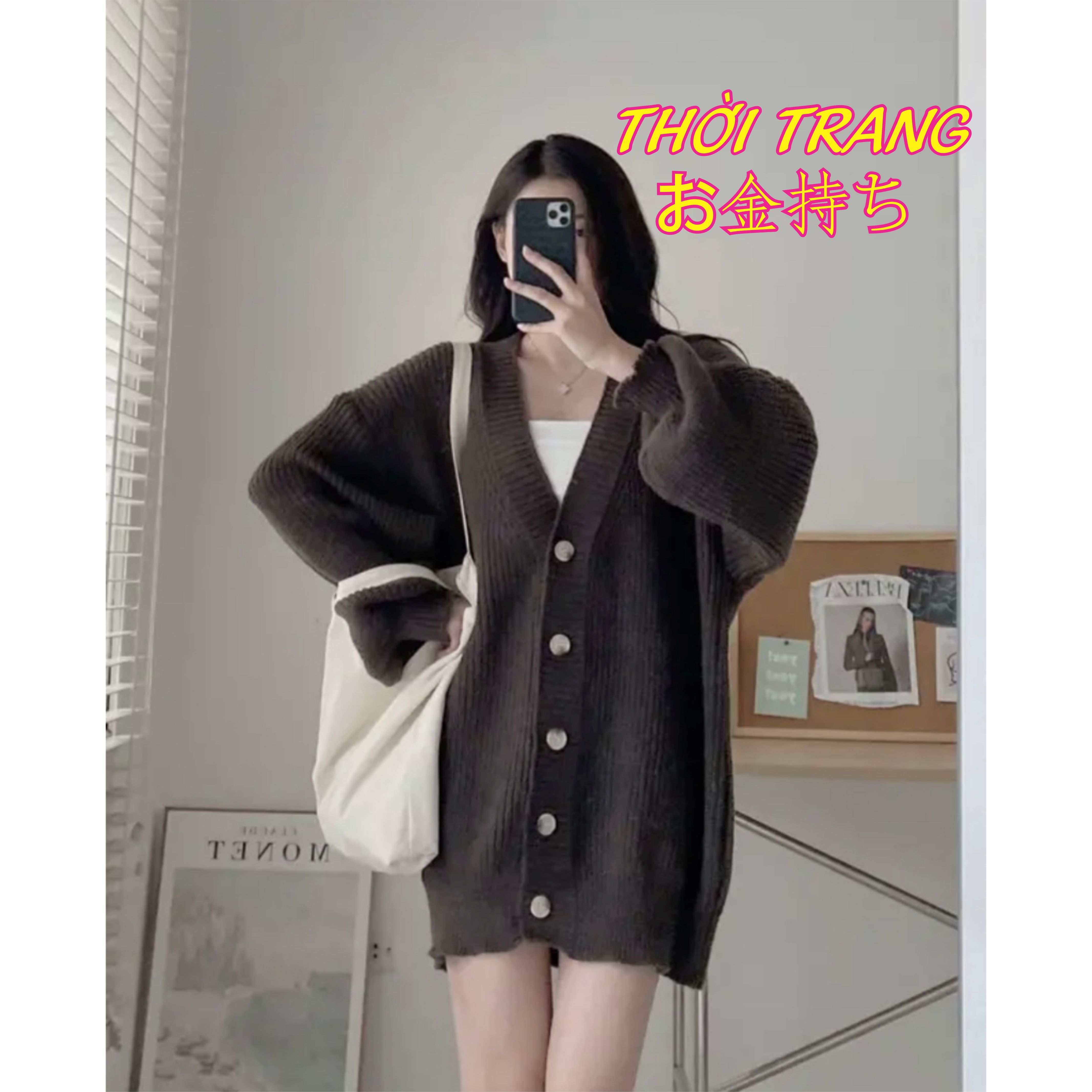 SẴN Áo khoác len cổ V cardigan có khuy 2 túi trước oversize trùm mông ulzzang thu đông 171