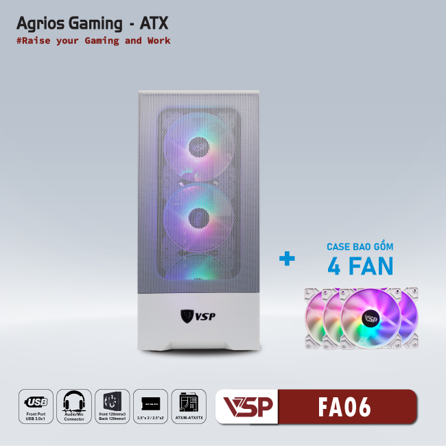 Vỏ máy tính Case VSP FA06 [TRẮNG] sẵn 4 Fan LED ARGB Gaming Kính cường lực (ATX, mATX, ITX) - Hàng chính hãng Tech Vision phân phối