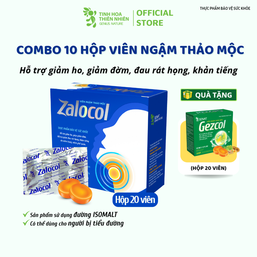 Combo 10 hộp viên ngậm ho thảo mộc Zalocol Hỗ trợ giảm đờm, giảm đau rát họng, khản tiếng do viêm họng, viêm phế quản (Hộp 20 viên) - Genat