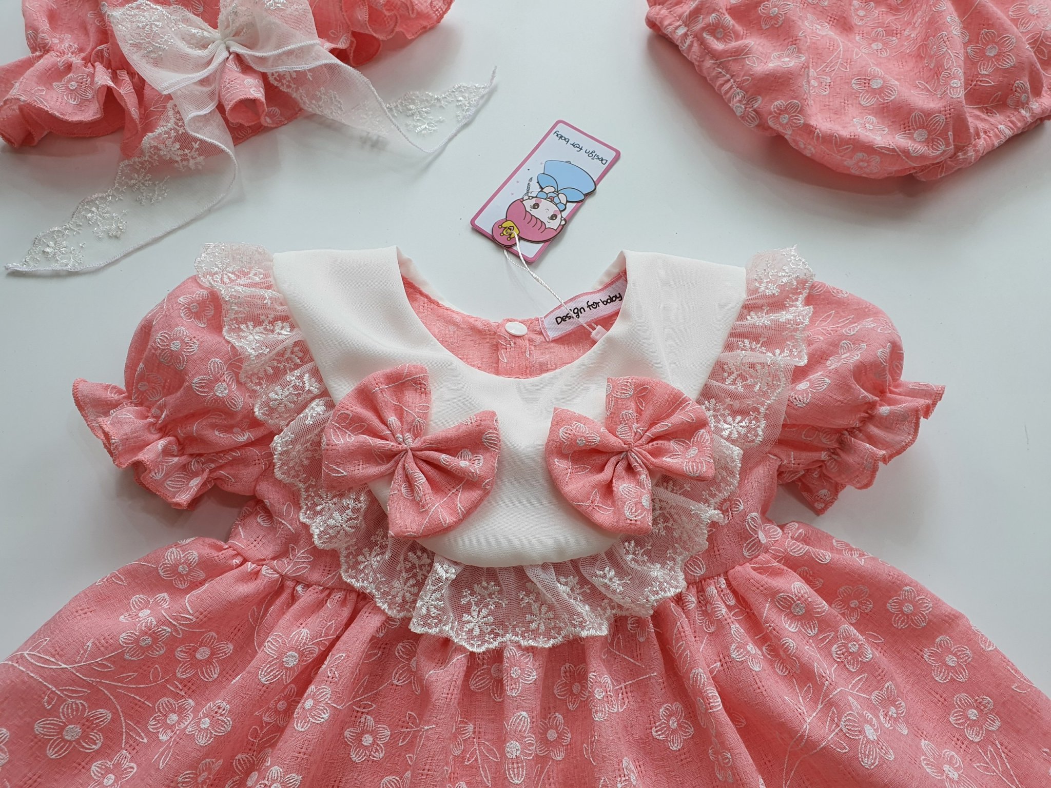 Set đầm bé gái lolita hồng hai nơ kèm quần