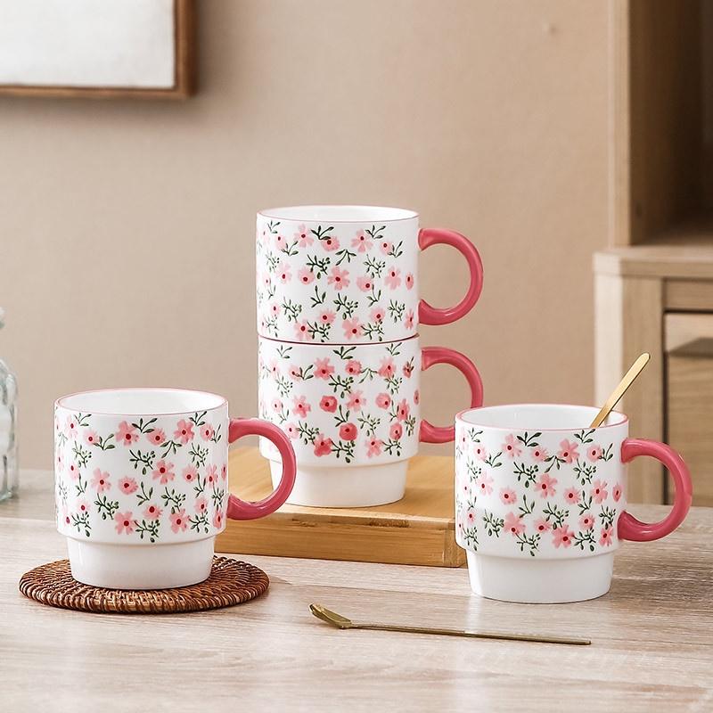 Cốc sứ uống trà, cốc cafe 400ml in hình hoa dễ thương