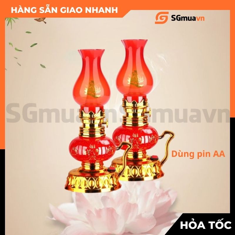 1 Cặp 2 Đèn thờ dùng pin đế đỏ loại cao trang trí bàn thờ gia tiên