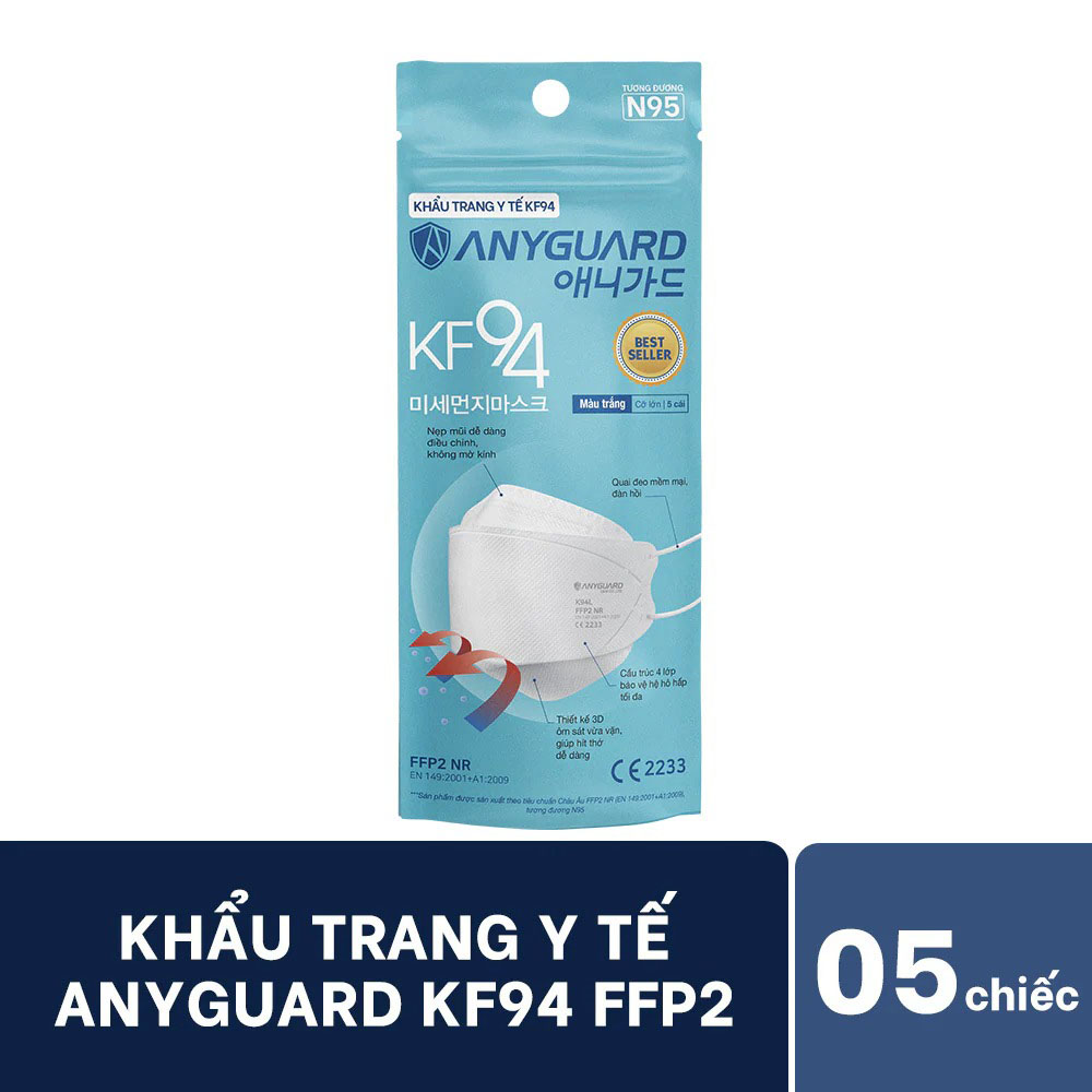 Khẩu Trang Y Tế Anyguard KF94 FFP2 Lớn Màu Trắng Túi 5 Cái/Túi