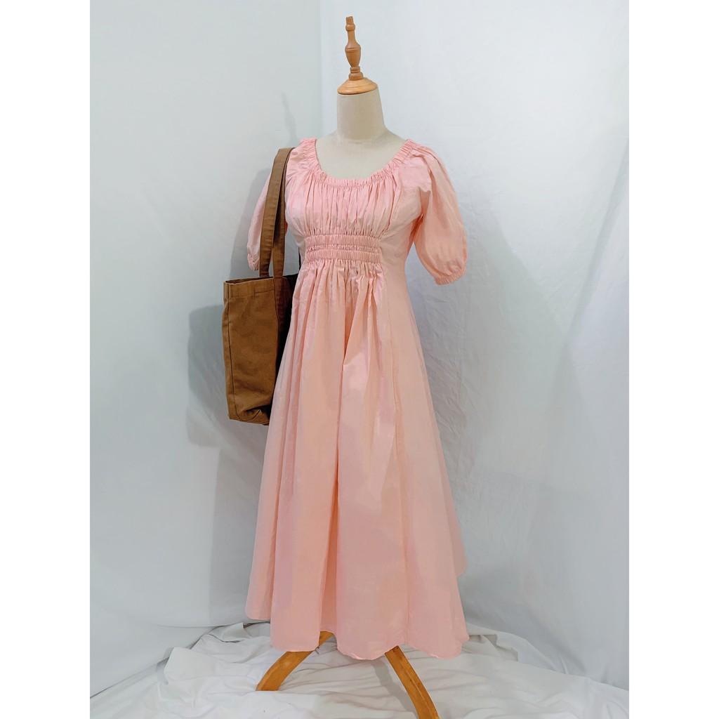 Đầm Dài Midi Cổ Vuông Bo Nhún Tay Ulzzang