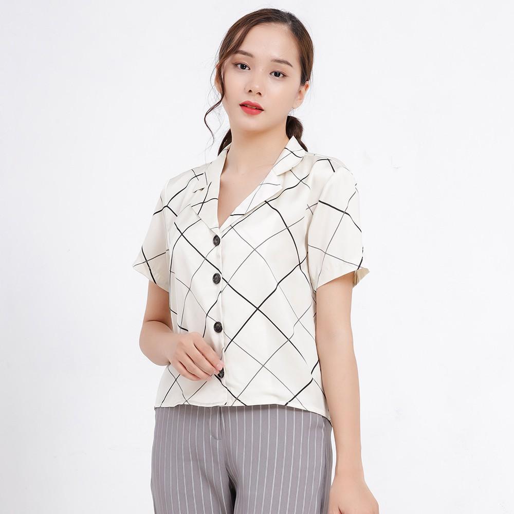 Áo sơ mi cổ Vest nữ Callia Danton shirt (Trắng/Xanh)